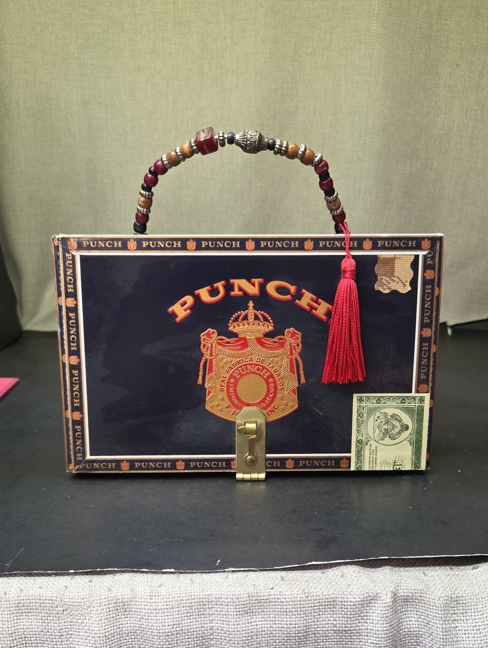 Punch Cigar Box Decorated Handbag With Bead Handle & Tassel‎